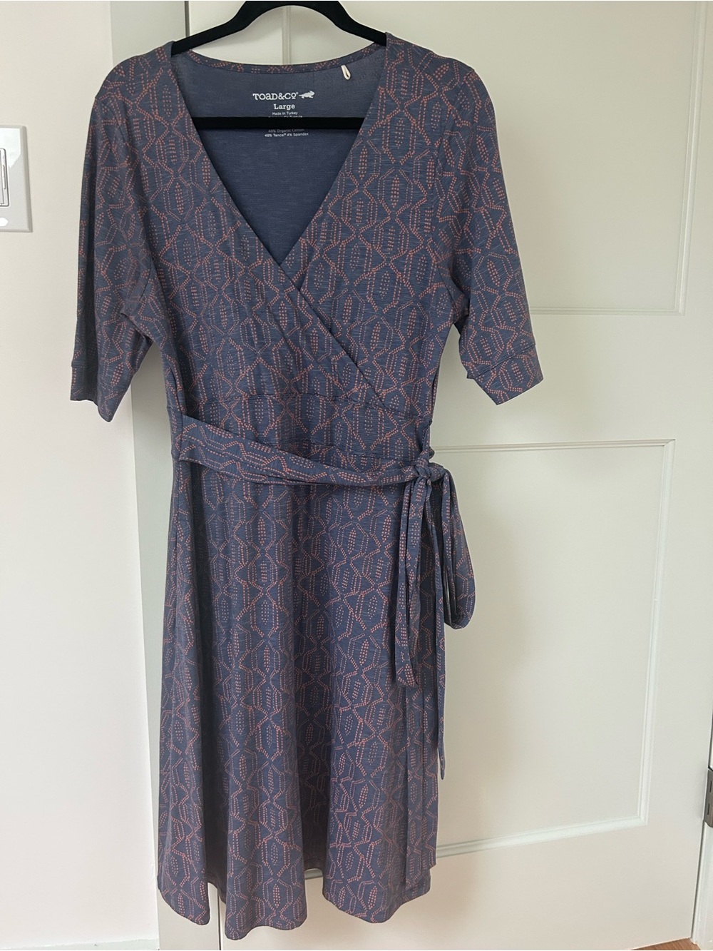 Toad&Co Navy Midi Wrap Dress with Pink Geometric Pattern